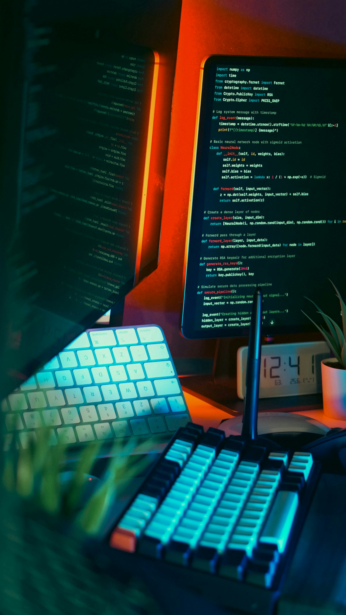 Multi-monitor developer workspace showing code across screens in moody blue-teal lighting